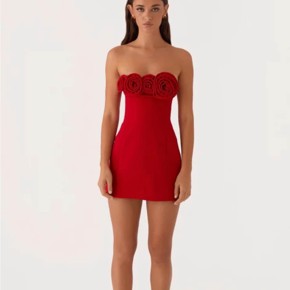 Peppermayo Strapless Red Dress with Floral Detail